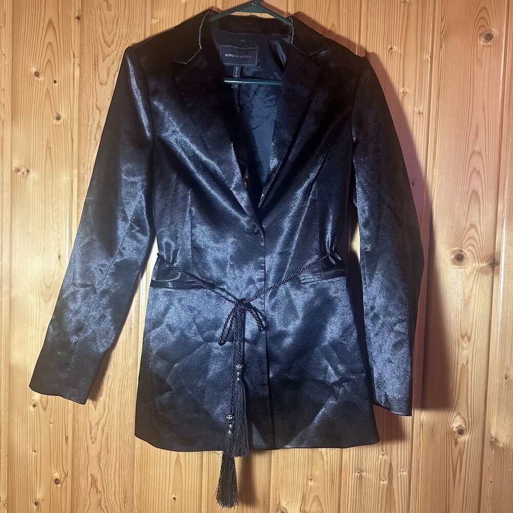 BCBGMAXAZRIA XS Black Satin Blazer Jacket Tassel Tie Belt NWT $298